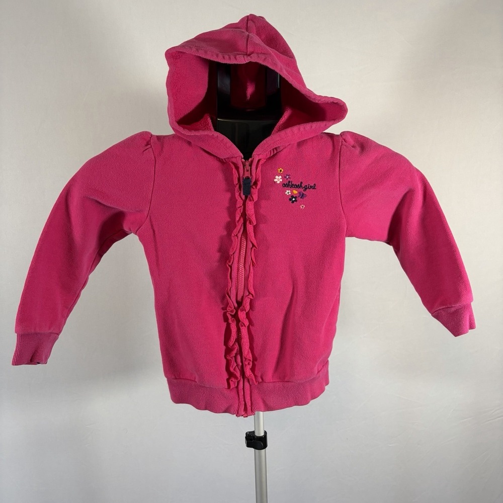 Oshkosh Girl Sz 5 Pink Hoodie Full Zip Embroidered Flowers Ruffle Jacket Spring
